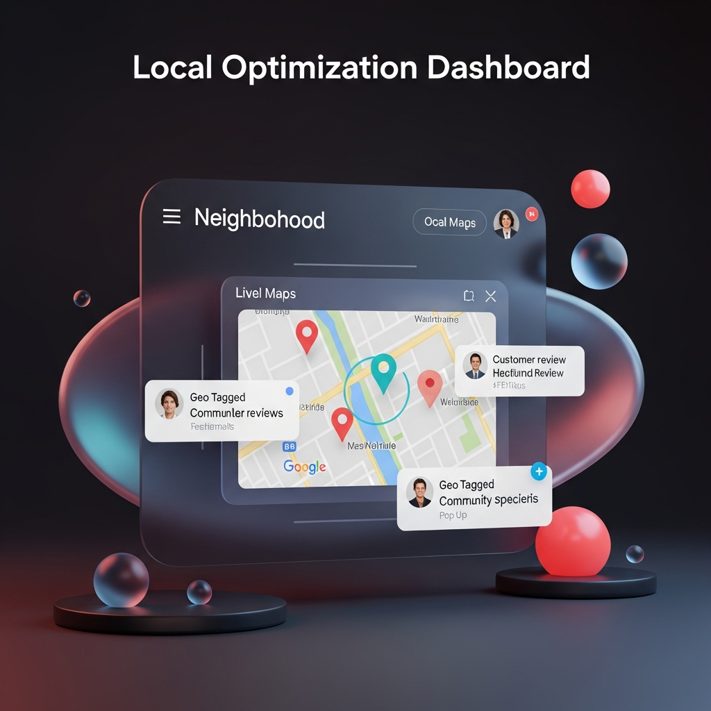 Local Optimization Dashboard: a stylized webpage or mobile screen showing a neighborhood landing page with embedded live map (Google Maps iframe), pinpointed local landmarks, and geo-tagged customer review pop-ups highlighting community-specific testimonials