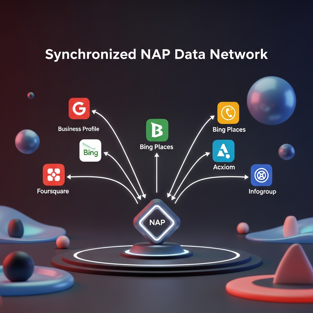 Synchronized NAP Data Network: an illustration of a central business profile hub feeding identical Name–Address–Phone information via arrows to icons for Google Business Profile, Bing Places, Foursquare, Acxiom and Infogroup, conveying consistent data flow across platforms