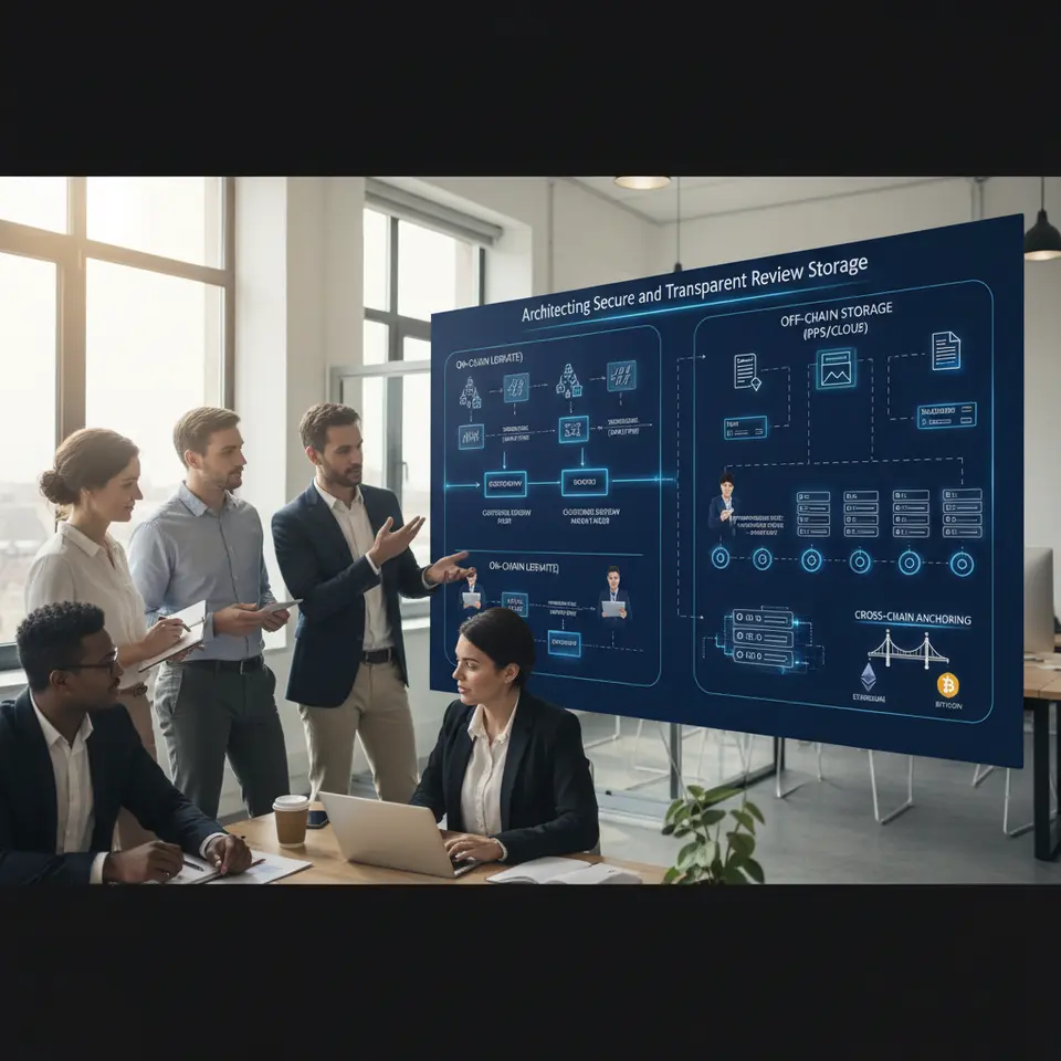 Architecting Secure and Transparent Review Storage: A hybrid blockchain architecture diagram showing customer reviews being hashed on-chain (with cryptographic hash icons and timestamp markers) while full review texts, images, and multimedia files are stored off-chain in IPFS or cloud repositories. Include permissioned nodes with role-based access labels (e.g., ‘compliance officer – read only’, ‘support agent – append only’) and a cross-chain anchoring inset linking the private ledger to public chains like Ethereum or Bitcoin.