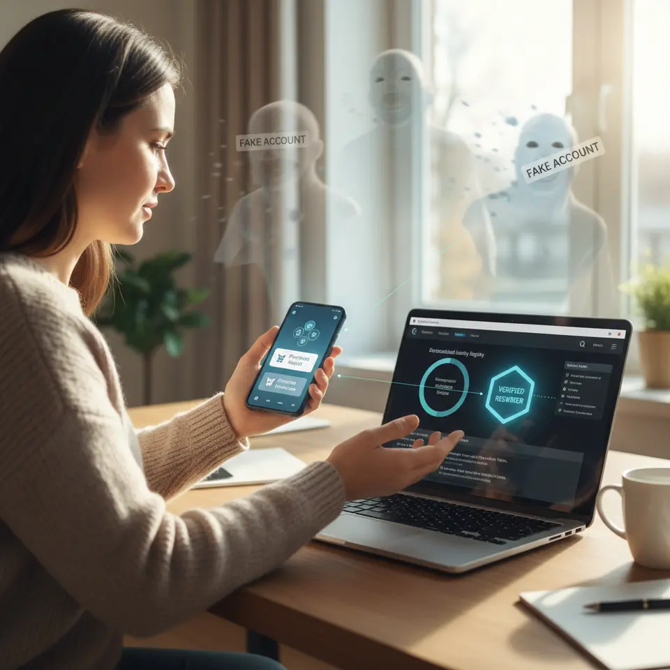 Leveraging Decentralized Identity for Authentic Feedback: A visual scene depicting a user’s self-sovereign digital wallet holding cryptographic keys and verifiable credentials (purchase receipt badge, membership credential), connecting to a decentralized identity registry. Show a smart contract verifying the user’s DID and issuing a “verified reviewer” token on-chain, with ghosted fake accounts blocked or filtered out in the background to emphasize authenticity control.