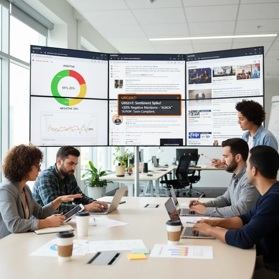 A dynamic social listening dashboard showcasing proactive online reputation monitoring: multiple screens and mobile devices display real-time brand mentions across social media, forums, and review sites; sentiment analysis gauges positive, neutral, and negative tones in colorful graphs; customized alert pop-ups signal sudden spikes or shifts in sentiment; and a diverse cross-functional team collaborates around the display, annotating insights and planning next steps.
