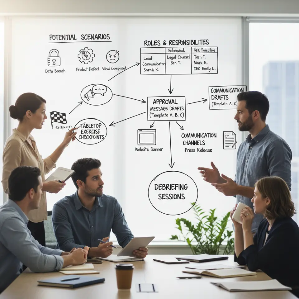 A structured crisis preparedness and response framework flowchart: illustrated steps mapping potential scenarios (data breach, product defect, viral complaint) to defined roles and responsibilities; approval workflow arrows linking team members to templated message drafts; icons for communication channels like website banners, social media posts, and press releases; and visual callouts for tabletop exercise checkpoints and debriefing sessions.