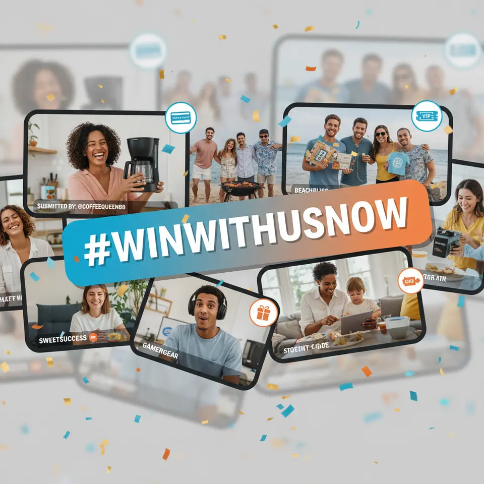 A lively montage of customers participating in a branded social media contest: user-submitted photos and short videos framed with a bold, unique hashtag banner, overlayed prize icons (gift cards, exclusive access), and celebratory confetti to convey excitement and engagement