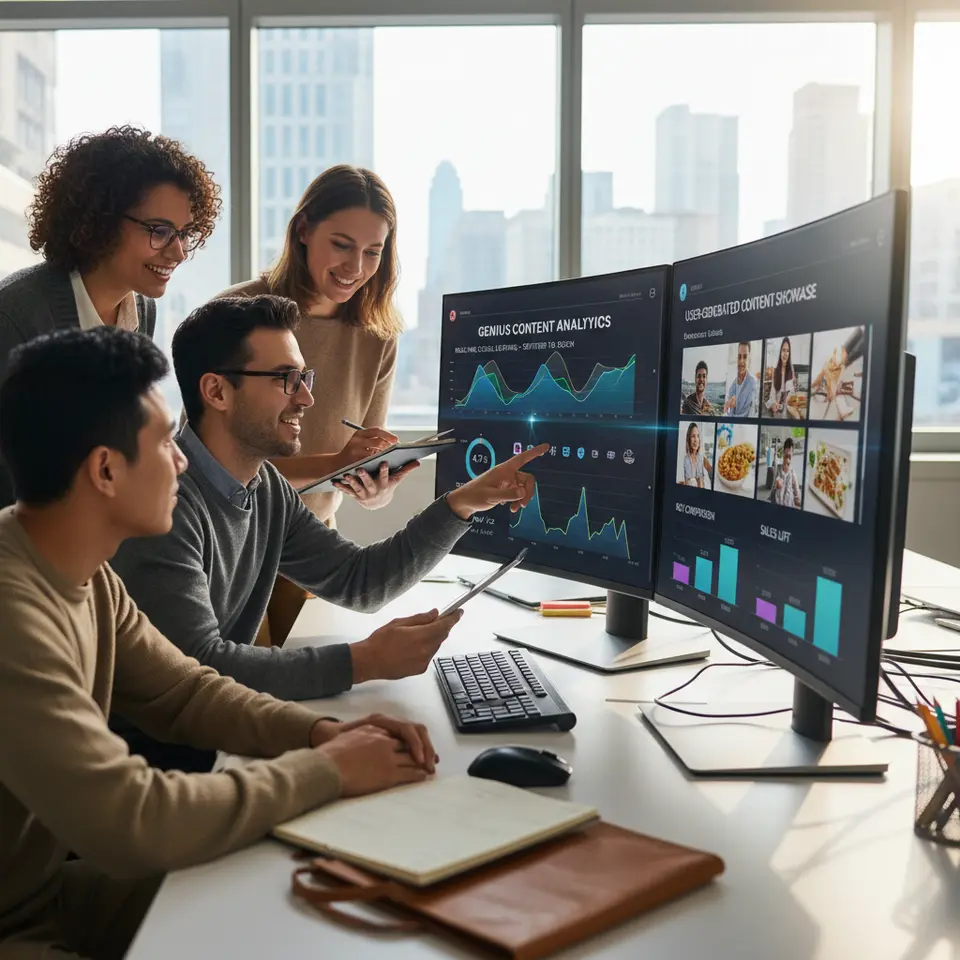 A high-tech analytics dashboard visualizing user-generated content performance: real-time social listening graphs, review ratings, dynamic photo/video embed galleries updating automatically on a website mockup, and clear ROI charts comparing organic traffic and sales lift