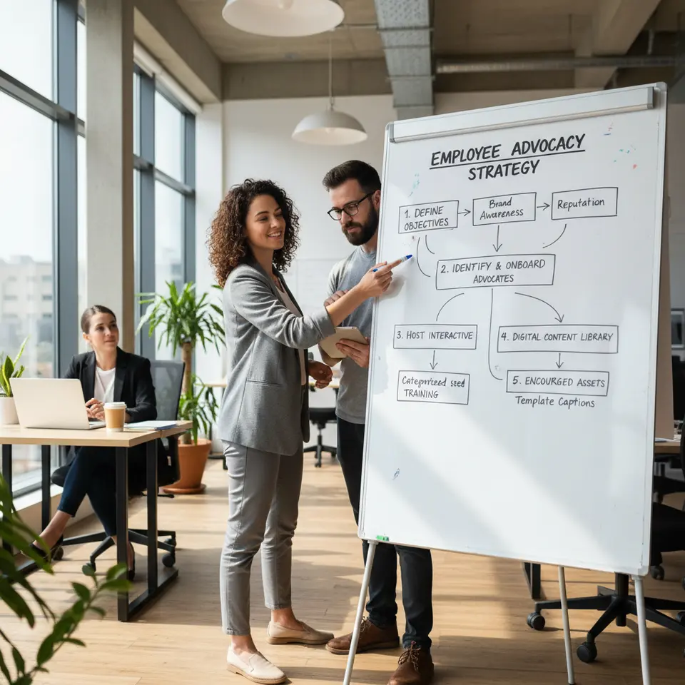 A step-by-step flowchart illustrating a structured employee advocacy strategy: defining objectives (brand awareness, recruitment, reputation), identifying and onboarding advocates, hosting interactive training workshops, organizing a digital content library with categorized assets and template captions, and encouraging personalized posts.