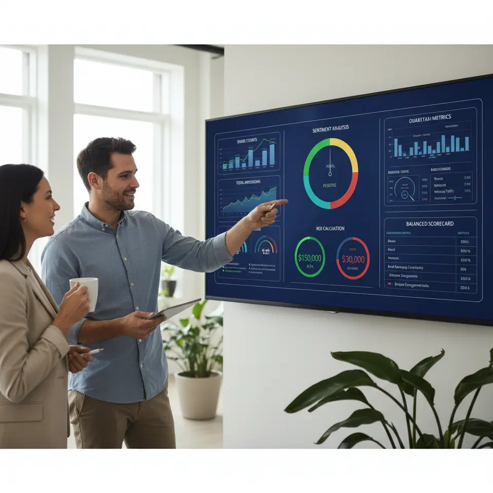 A data-driven dashboard visualization for tracking employee advocacy impact: interactive charts showing share counts, total impressions, click-through rates, referral traffic from UTM-tagged links, sentiment analysis gauges, ROI calculations comparing earned media value vs. paid spend, and a balanced scorecard summarizing quantitative and qualitative metrics.