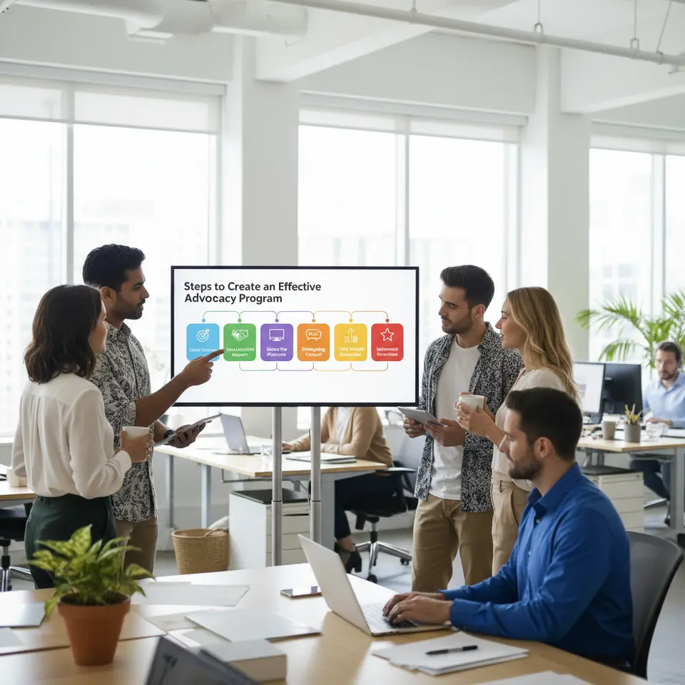 Steps to Create an Effective Employee Advocacy Program: a six-step flowchart or roadmap illustrating Define Objectives, Secure Leadership Support, Select the Right Platform, Curate Engaging Content, Train and Empower Employees, and Implement Incentives. Use distinct icons and color coding for each stage to guide viewers through the process.