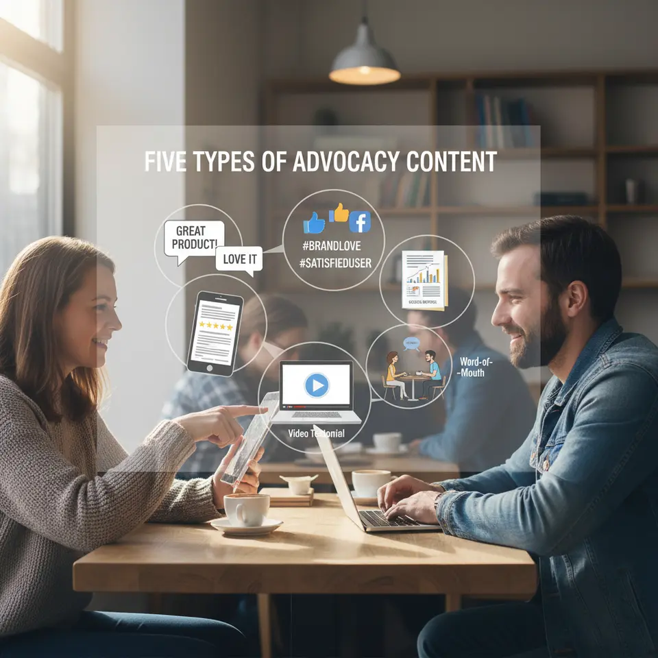 Infographic showcasing the five Types of Advocacy Content: a cluster of icons and mini-scenes including a written review with star ratings and speech bubbles, a social media post bubble tagged with branded hashtags and platform logos, a video testimonial player overlay on a user portrait, a case study document featuring charts and graphs, and two people engaging in word-of-mouth conversation over coffee.