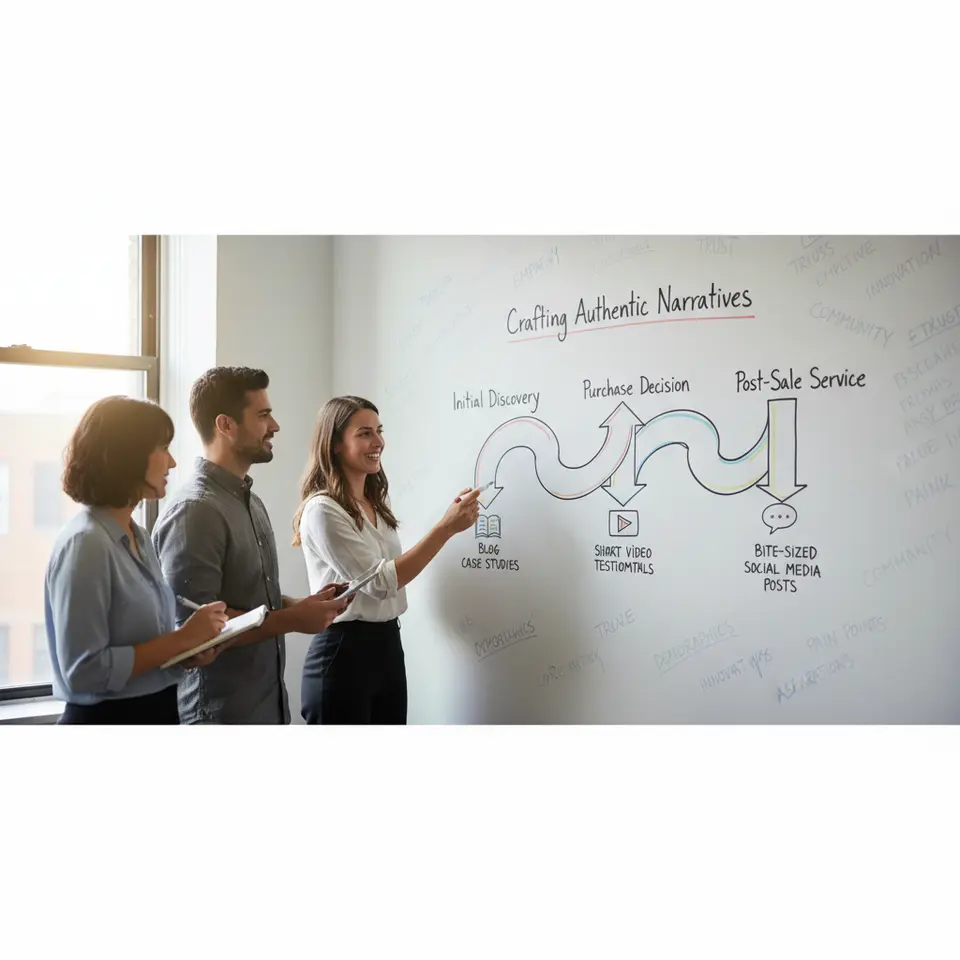 Crafting Authentic Narratives: A customer journey map infographic illustrating key storytelling touchpoints—initial discovery, purchase decision, post-sale service—linked by arrows and annotated with icons for blog case studies, short video testimonials, and bite-sized social media posts, all overlaid on a background of core values and audience insights.
